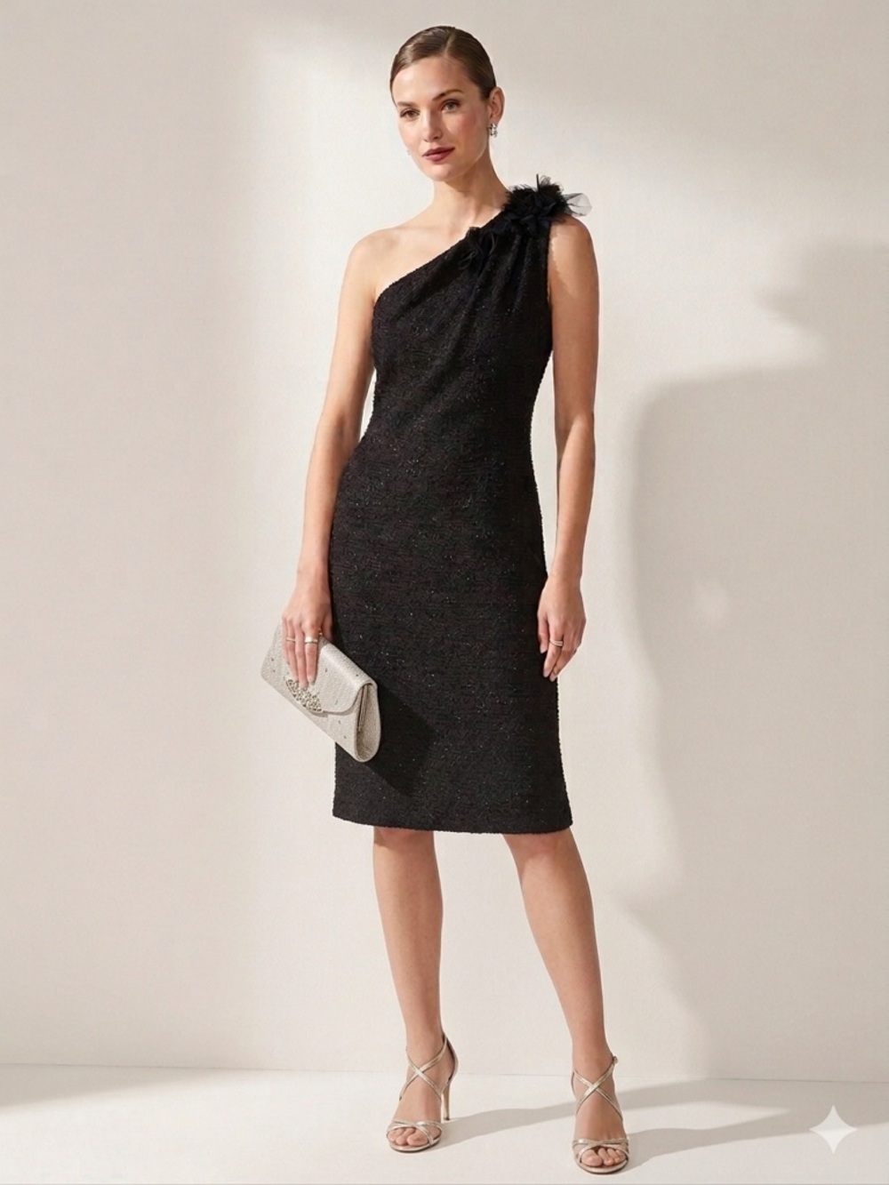 St. John Evening Black Caviar One Shoulder Semi Formal Cocktail Dress Size 10